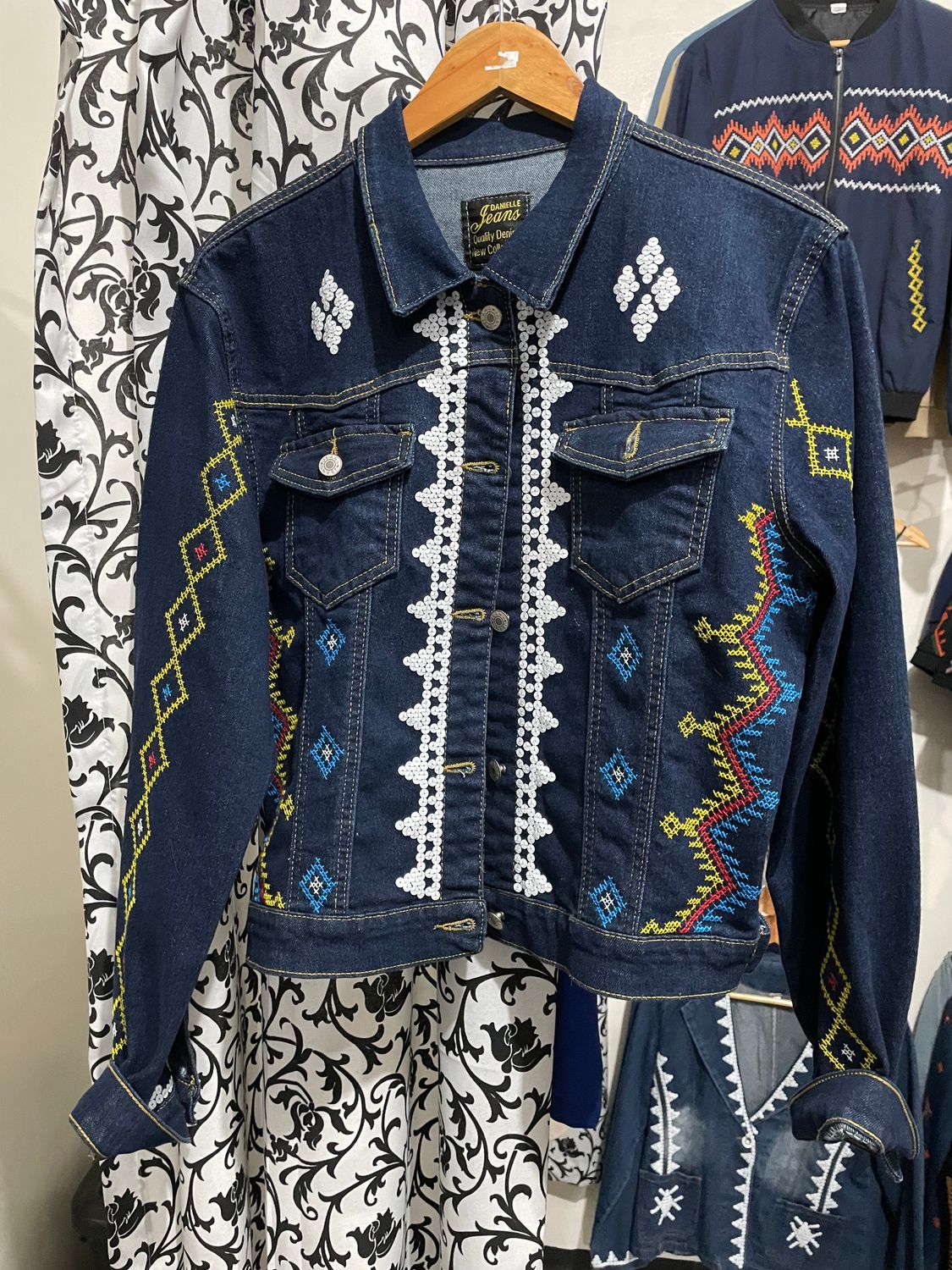 Jacket. CUSTOM TBOLI HAND-EMBROIDERED &amp; HAND-BEADED DENIM JACKET