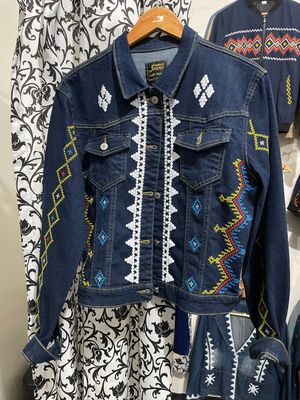 Jacket. CUSTOM TBOLI HAND-EMBROIDERED &amp; HAND-BEADED DENIM JACKET