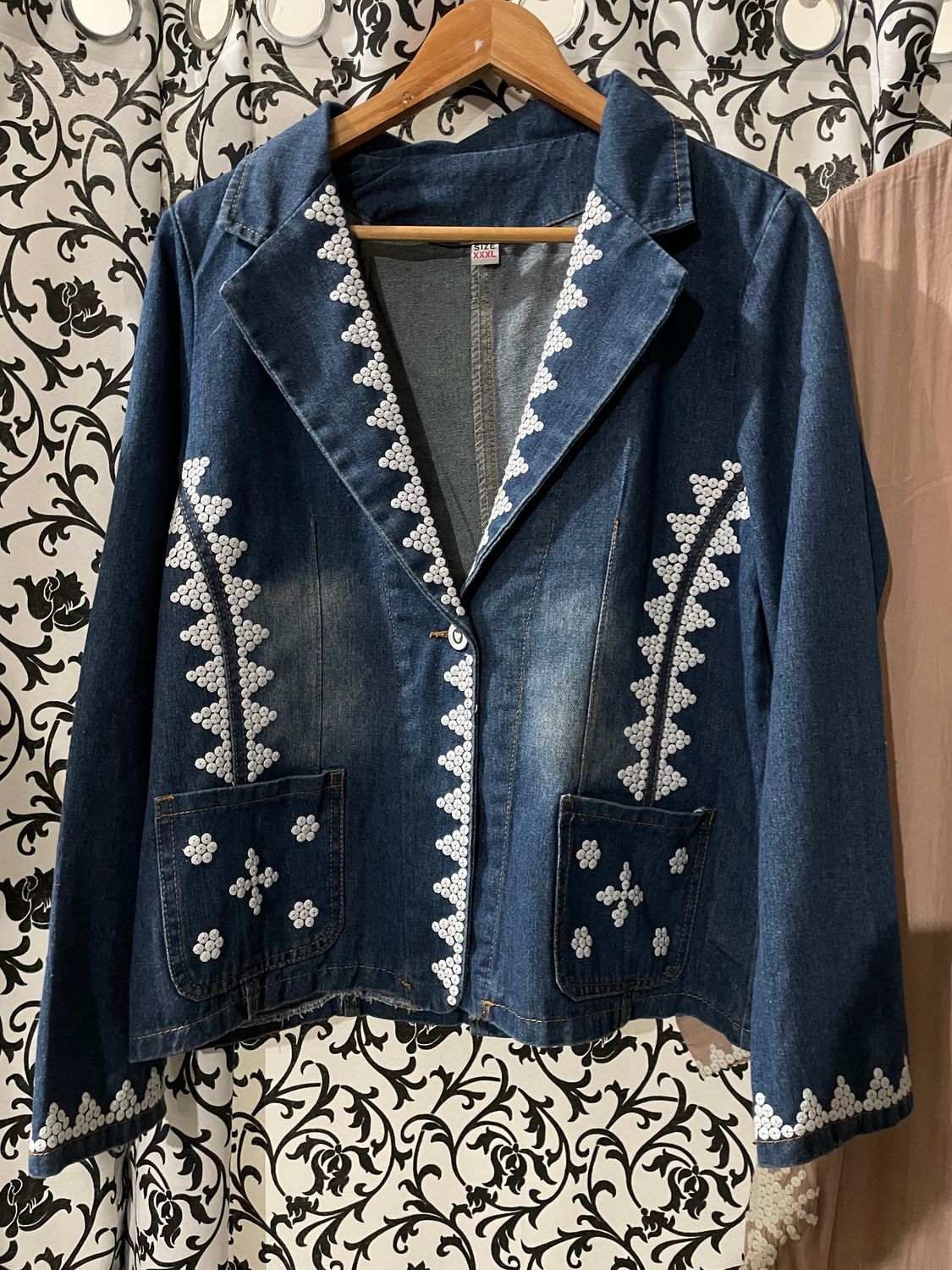 Jacket. CUSTOM TBOLI HAND-BEADED DENIM JACKET