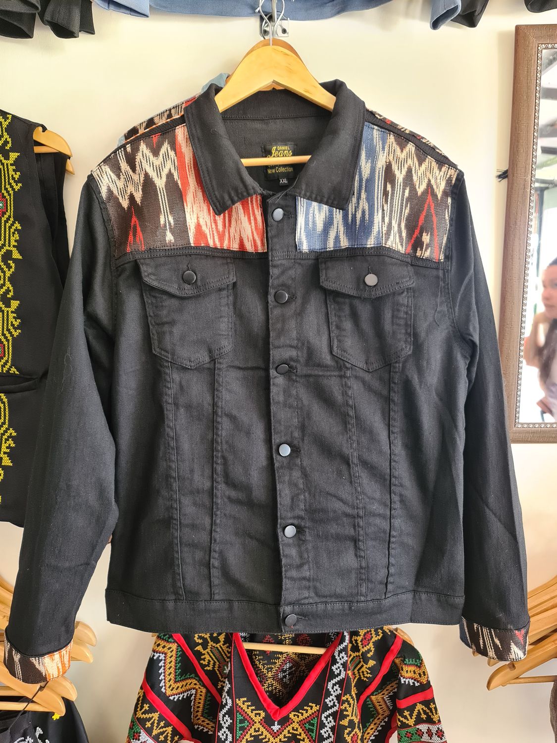Jacket. T&#39;BOLI BLACK DENIM JACKET IN TNALAK ACCENT