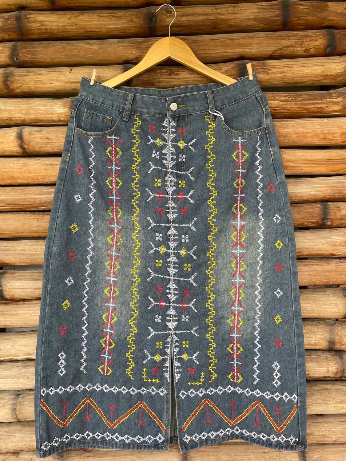 Skirt.  T&#39;BOLI HAND- EMBROIDERED DENIM SKIRT