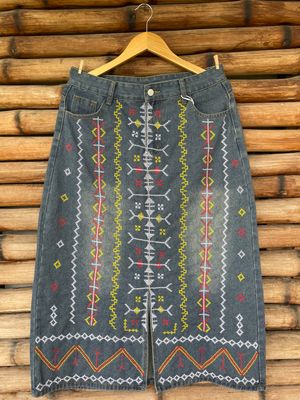 Skirt.  T&#39;BOLI HAND- EMBROIDERED DENIM SKIRT