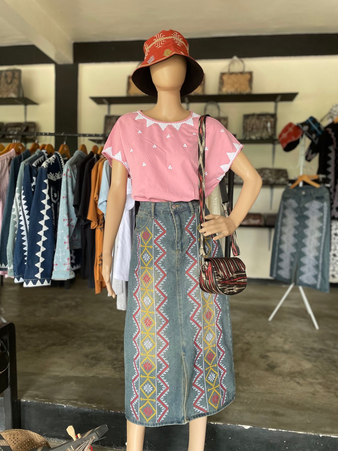 Skirt.  T&#39;BOLI HAND- EMBROIDERED DENIM SKIRT