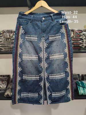Skirt.  T&#39;BOLI HAND- EMBROIDERED DENIM SKIRT