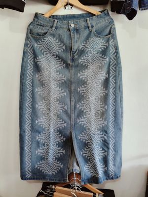 Skirt.  T&#39;BOLI HAND- EMBROIDERED DENIM SKIRT
