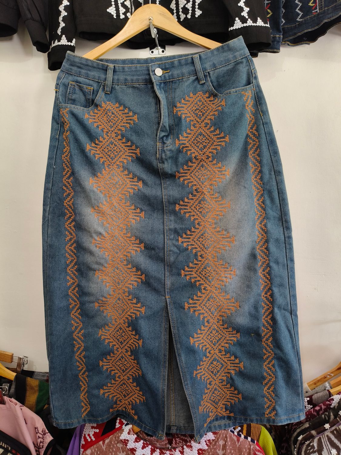 Skirt.  T&#39;BOLI HAND- EMBROIDERED DENIM SKIRT