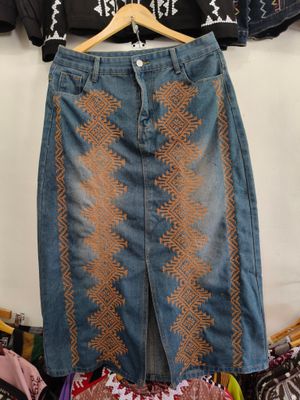 Skirt.  T&#39;BOLI HAND- EMBROIDERED DENIM SKIRT