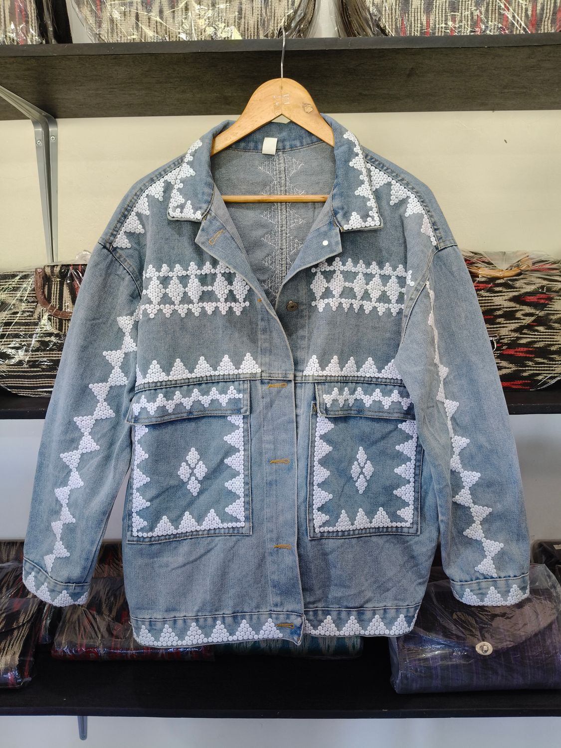 Jacket. CUSTOM TBOLI  HAND-BEADED DENIM JACKET
