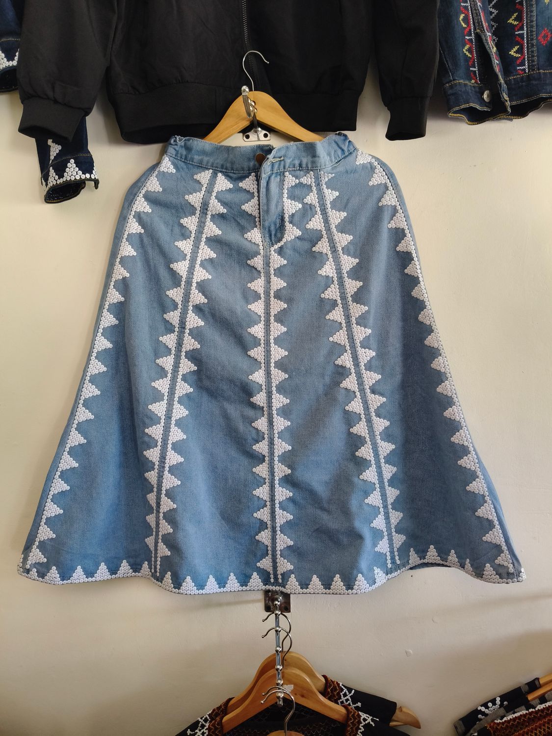 Skirt.  T&#39;BOLI HAND- BEADED DENIM SKIRT