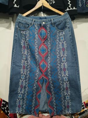 Skirt.  T&#39;BOLI HAND- EMBROIDERED DENIM SKIRT