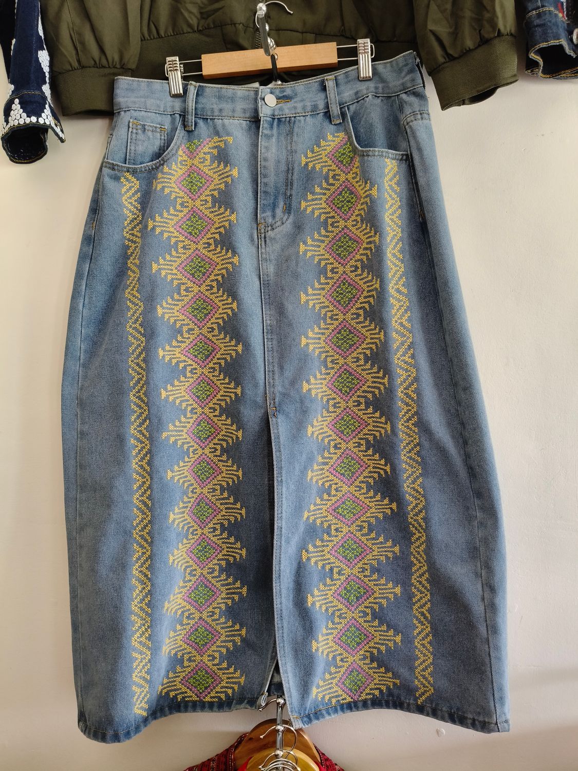 Skirt.  T&#39;BOLI HAND- EMBROIDERED DENIM SKIRT