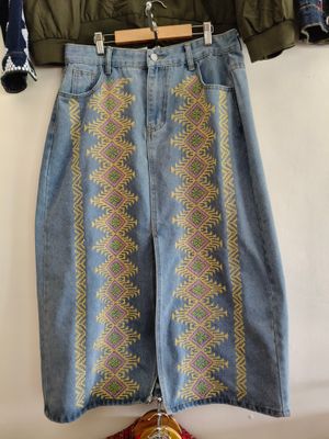 Skirt.  T&#39;BOLI HAND- EMBROIDERED DENIM SKIRT