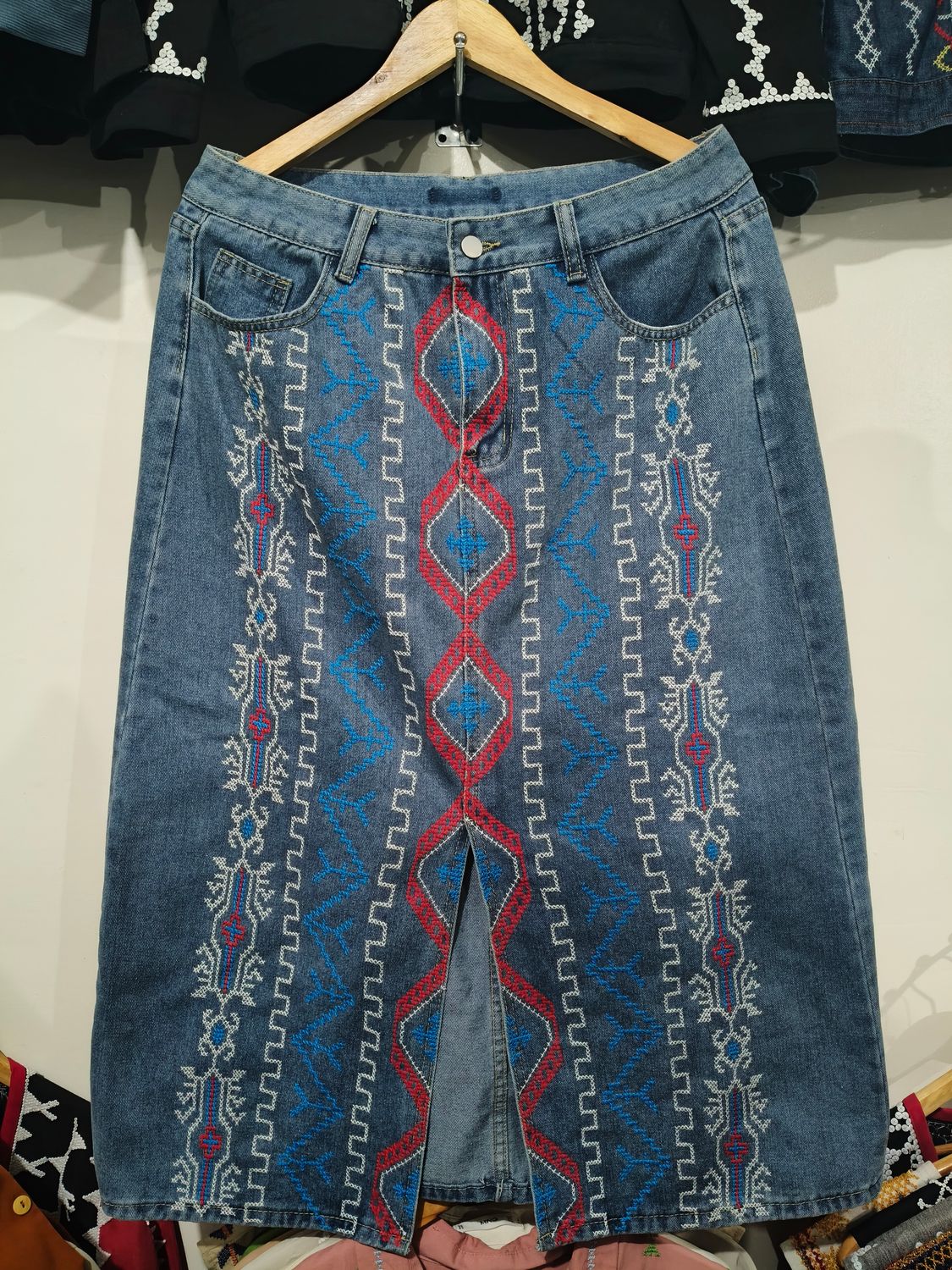 Skirt_34. T'BOLI HAND- EMBROIDERED DENIM SKIRT