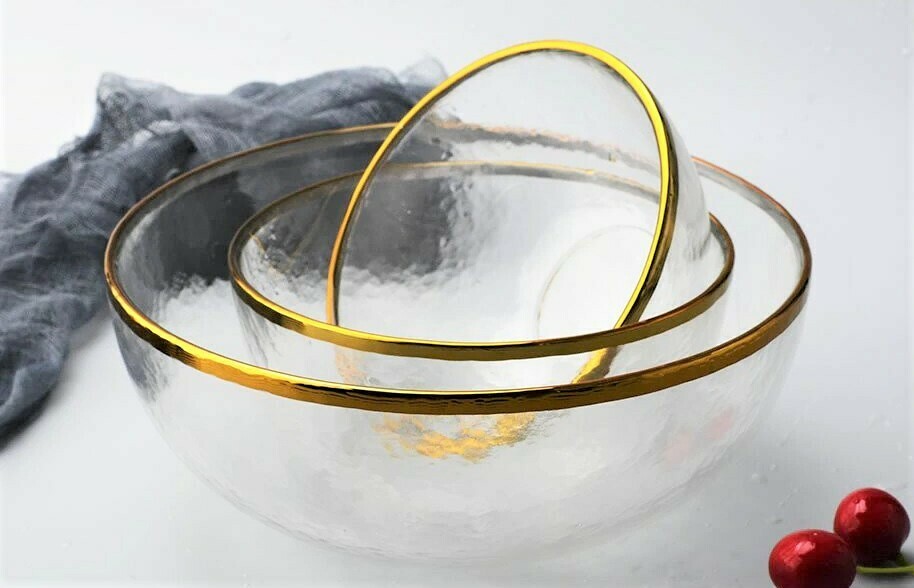 Gold Inlay Edge Glass Bowl &amp; Plate Sets, PRODUCTS: BOWL SETS (With 3 Different Sizes)