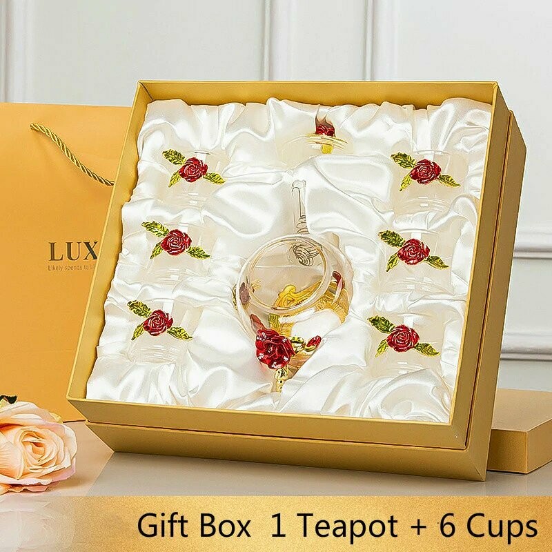 玫瑰茶具禮盒套裝 |  Rose Enamel Glass Tea Set, Color: Red Rose