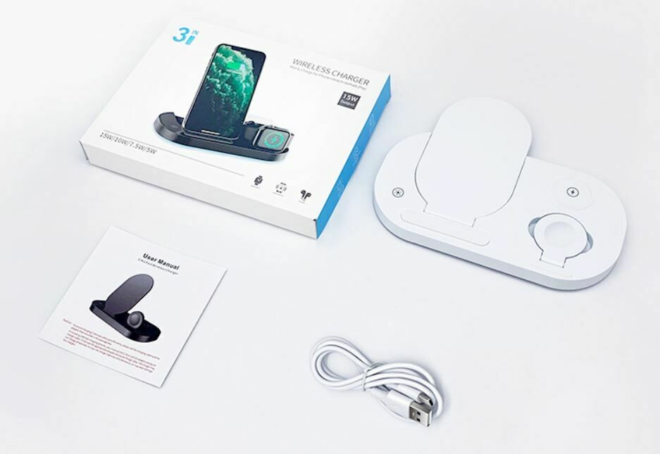 新款折疊式3in1無線快速充電器, Color: White