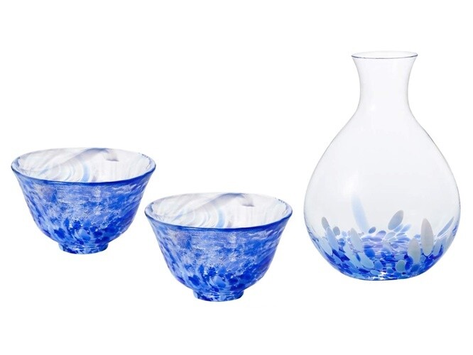 日本津輕青森風情清酒杯套裝 | 津軽びいどろ酒気セット, 款式: 藍色: 岩清水