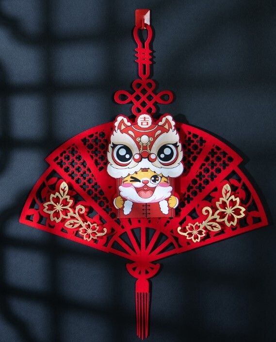 ​新春舞龍舞獅掛門貼(一對裝), 款式: 舞師虎扇形門貼一對裝(48x48cm)