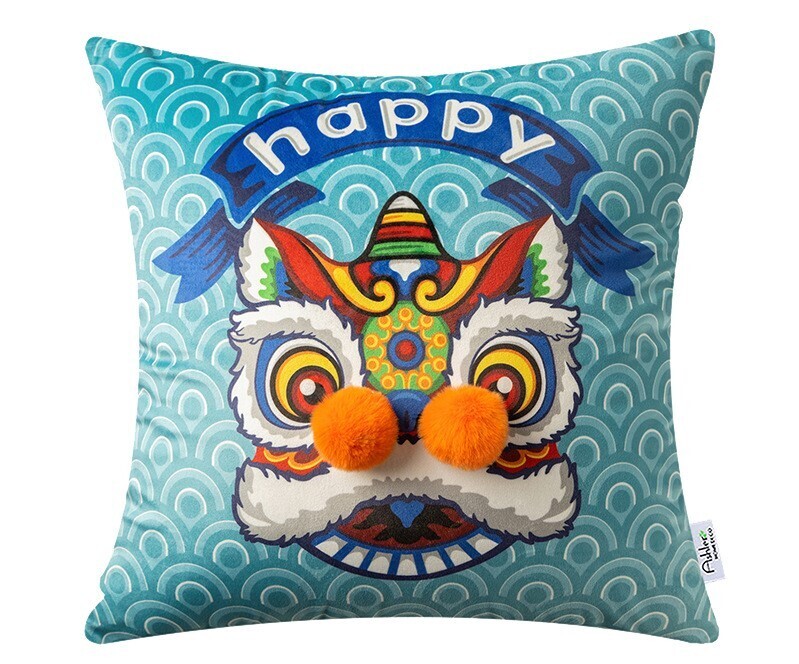 ​新春INS醒獅刺繡Cushion, 款式: 藍獅頭印花抱枕 (~45*45cm)