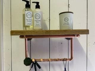 Bespoke Wall Mounted Solid Oak And Copper Shelf With Hooks