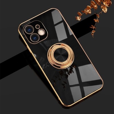 Plating Shockproof Phone Case Cover with Ring Holder for iPhone 12 - Black