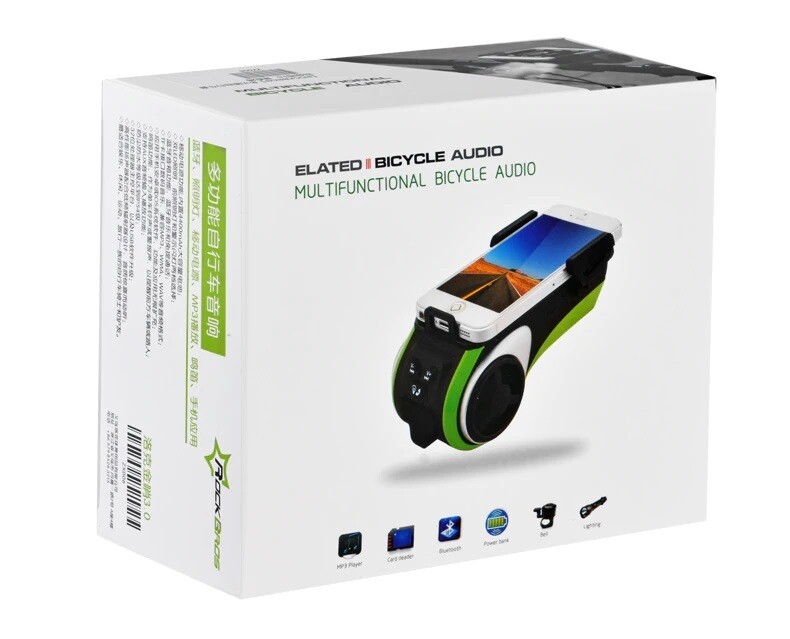 Soporte de bici para celular + Altavoz + Powerbank + Luz Led Frontal + Claxon Marca RockBros