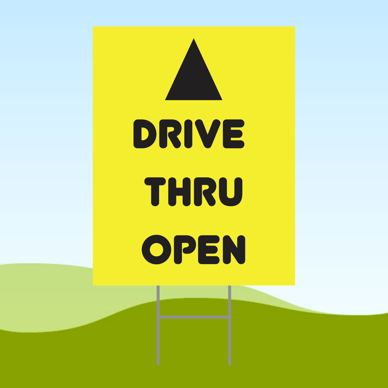 Drive Thru Open Arrow Yellow 18x24 Yard Sign WITH STAKE Corrugated Plastic Bandit