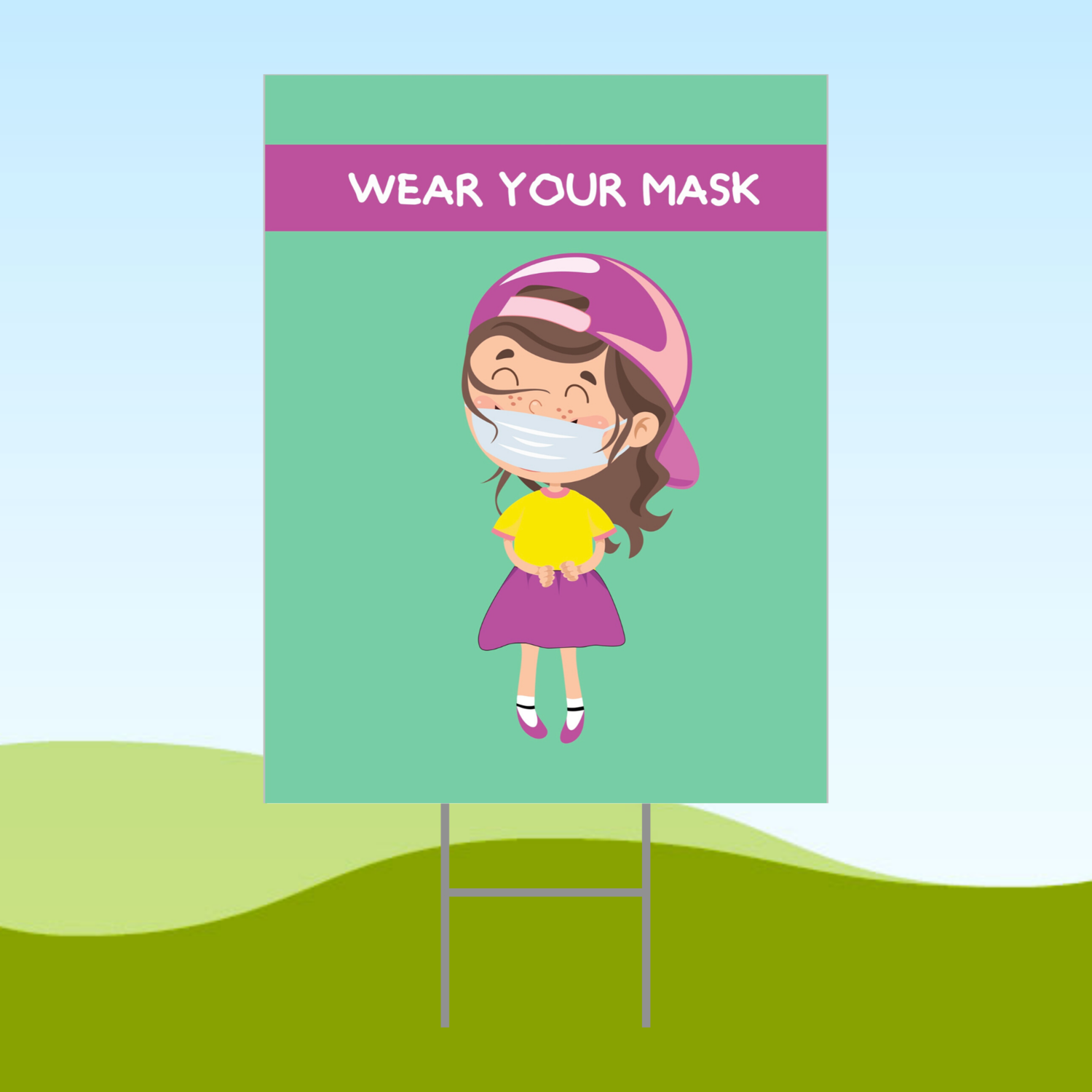 Wear Your Mask Girl ENGLISH 18x24 Yard Sign WITH STAKE Corrugated Plastic Bandit