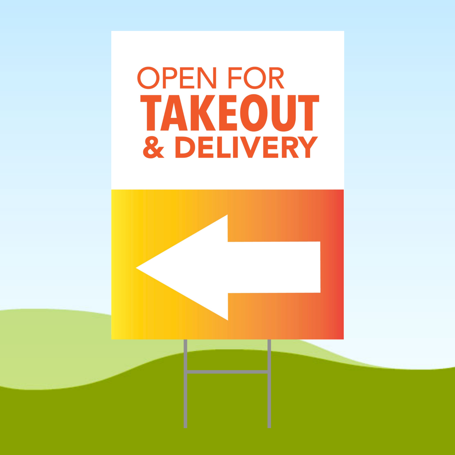 Open For Takeout Arrow LEFT 18x24 Yard Sign WITH STAKE Corrugated Plastic Bandit