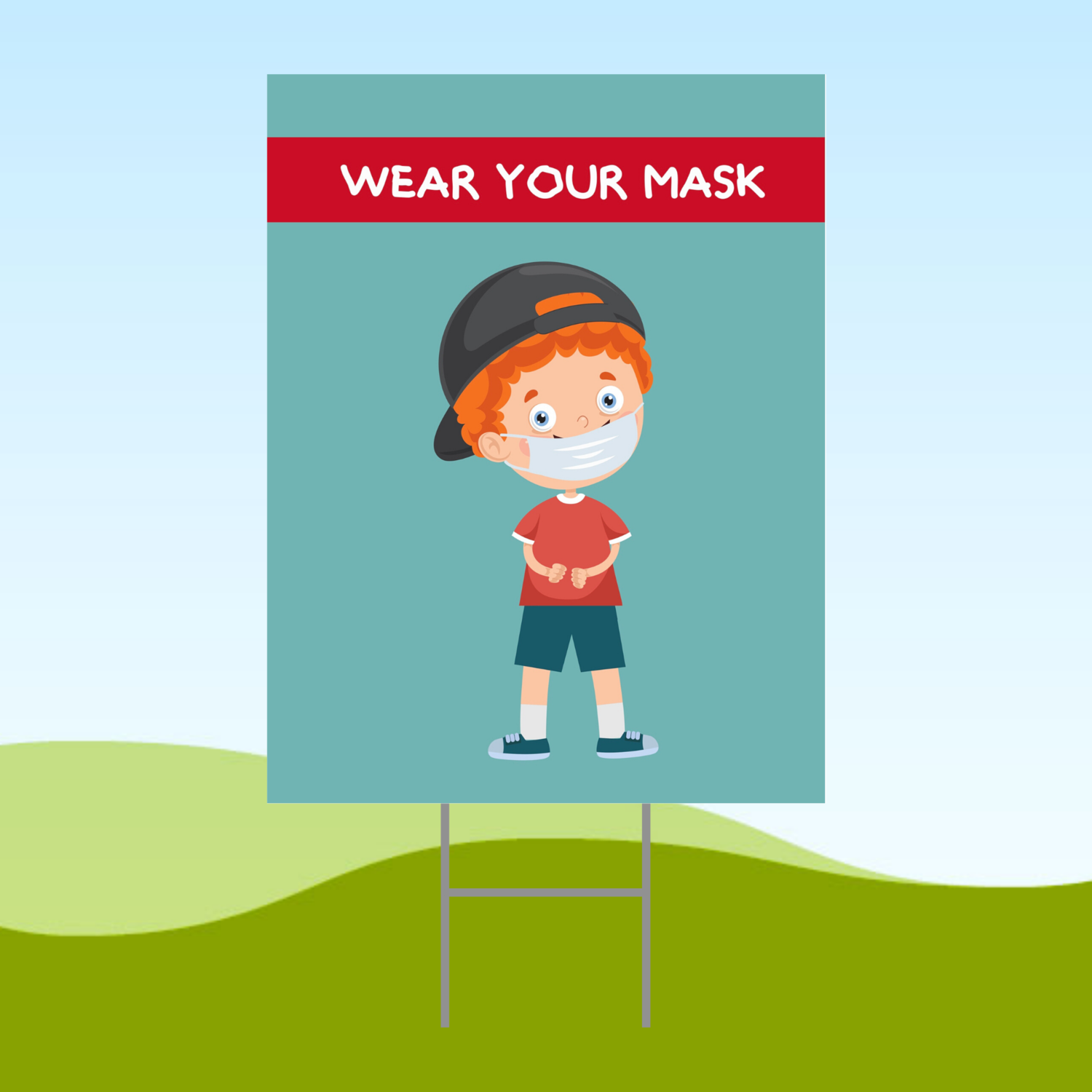 Wear Your Mask Boy ENGLISH 18x24 Yard Sign WITH STAKE Corrugated Plastic Bandit