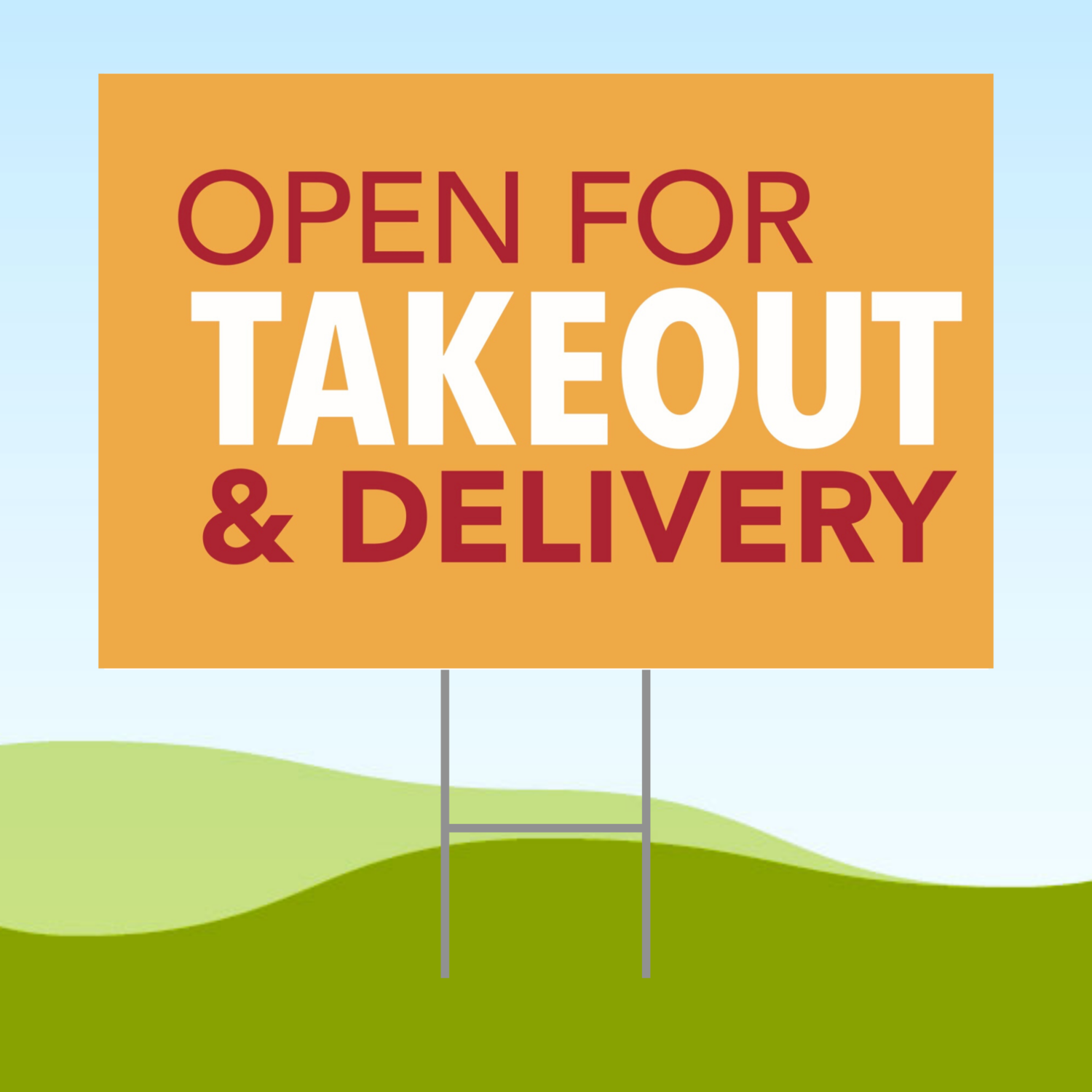 Open For Takeout & Delivery ORANGE 18x24 Yard Sign WITH STAKE Corrugated Plastic Bandit