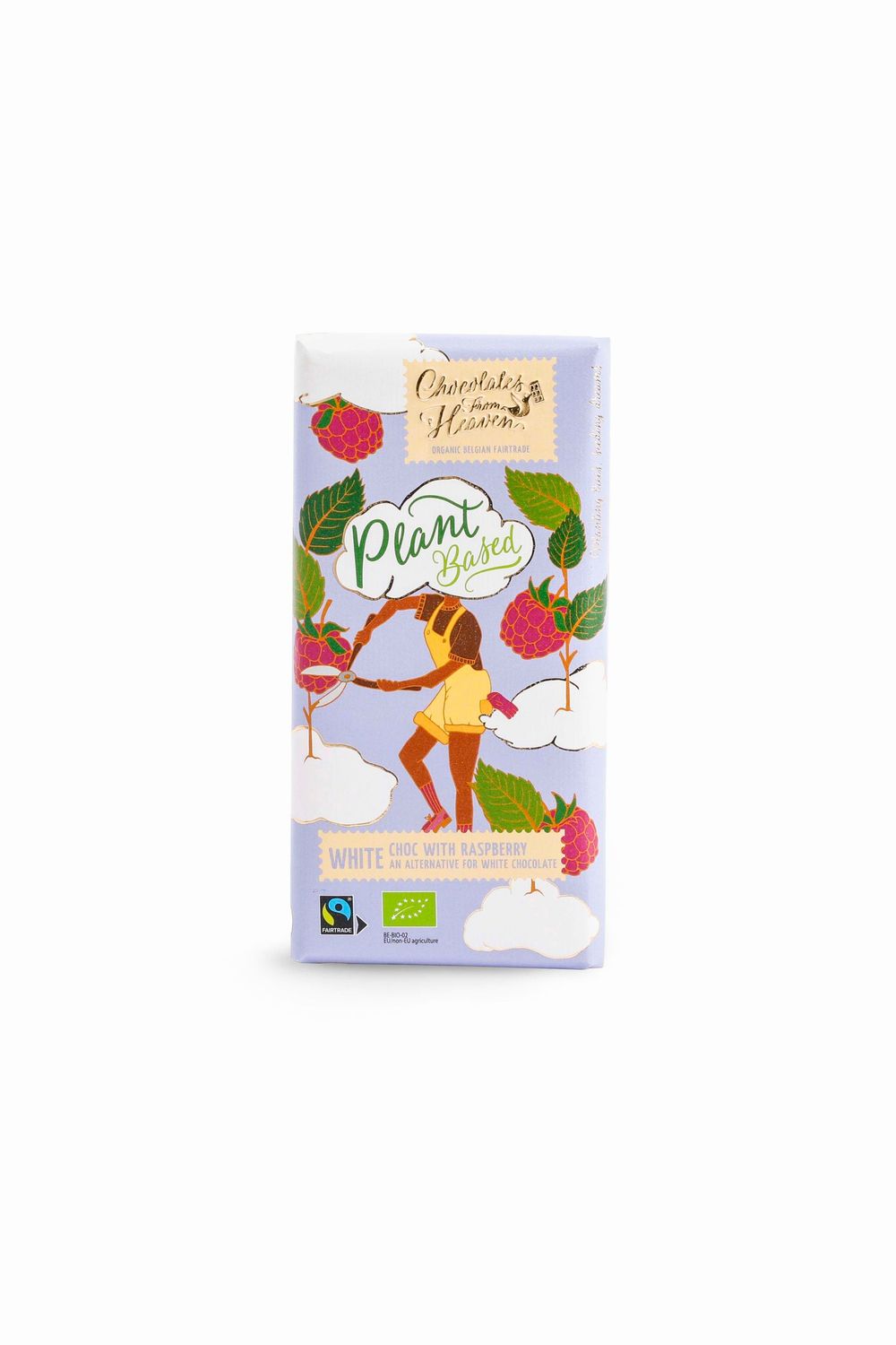 Plant based Fairtrade white Belgian chocolate with juicy raspberries bar made with rice milk.