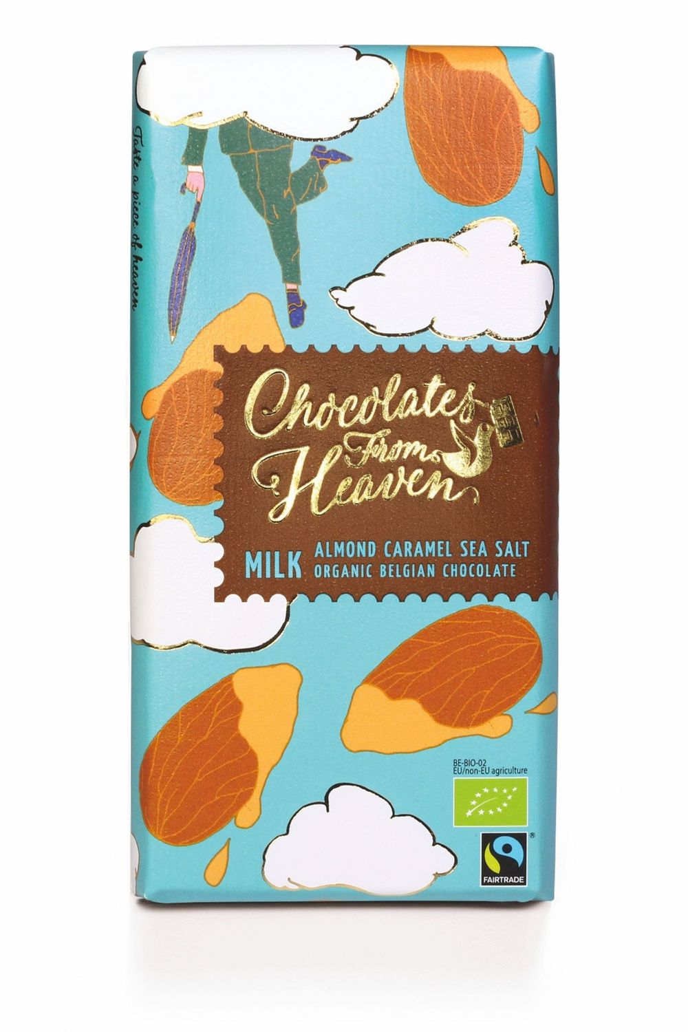 Phoenix Delite Chocolates from Heaven Belgian Milk Chocolate Bar with caramelized almonds & salt. Gluten free & palm oil free