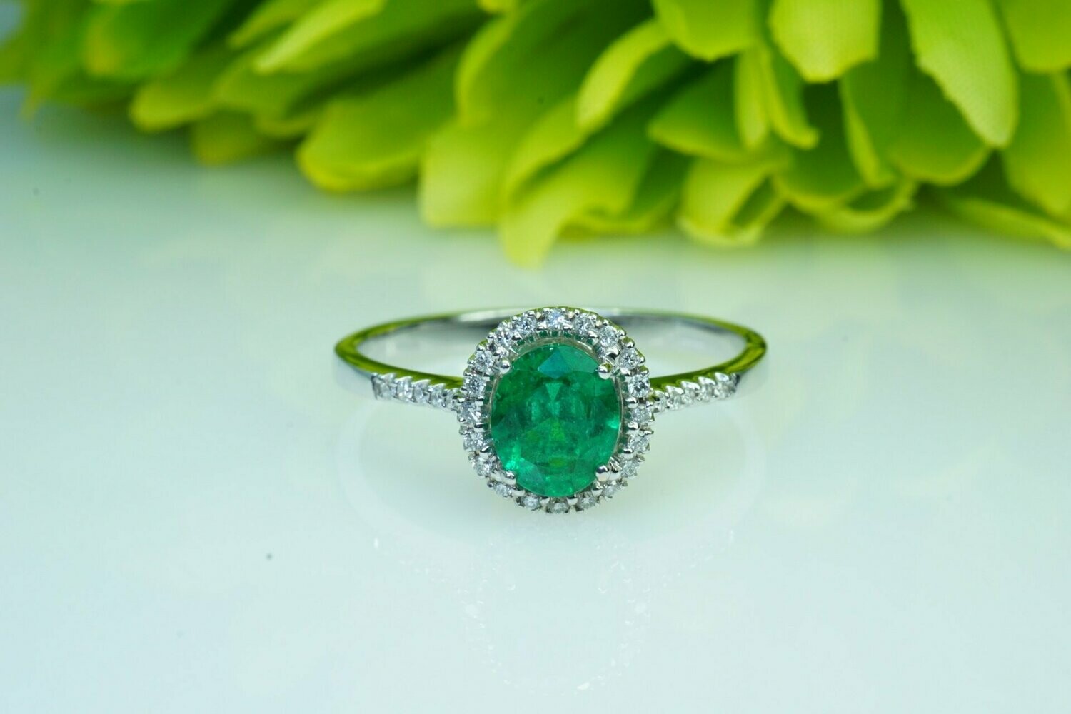 Ladies Genuine Oval Emerald With Diamond Halo And Accent Diamonds