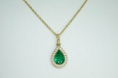 Genuine Pear Emerald And Diamond Halo Pendant And Chain