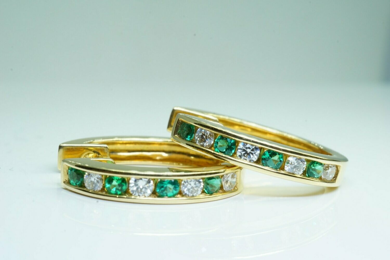 Genuine Round Emerald And Diamond Hinge Hoop Earrings