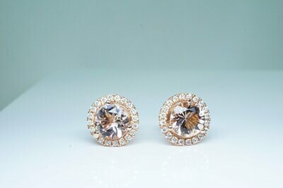 Natural Round Morganite And Diamond Stud Earrings