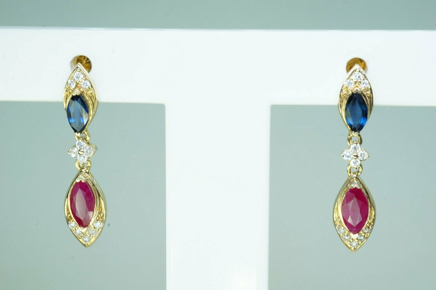 Genuine Marquise Ruby And Sapphire And Diamond Dangle Earrings