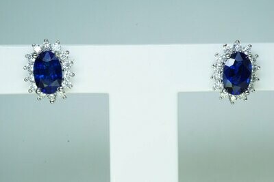 Genuine Oval Blue Sapphire Diamond Halo Stud Earrings