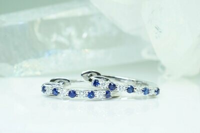 9 Stone Round Blue Sapphire And Diamond Hinge Hoop Earrings