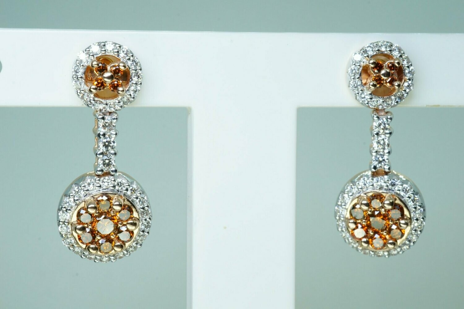 Cognac And White Diamond Drop Stud Earrings