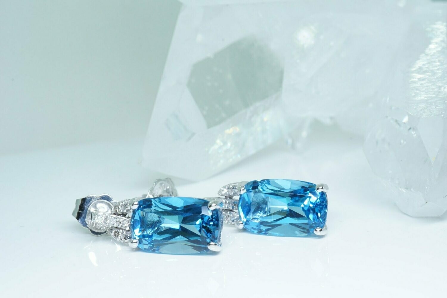 Rectangular Cushion Cut Blue Topaz And Diamond Dangle Stud Earrings