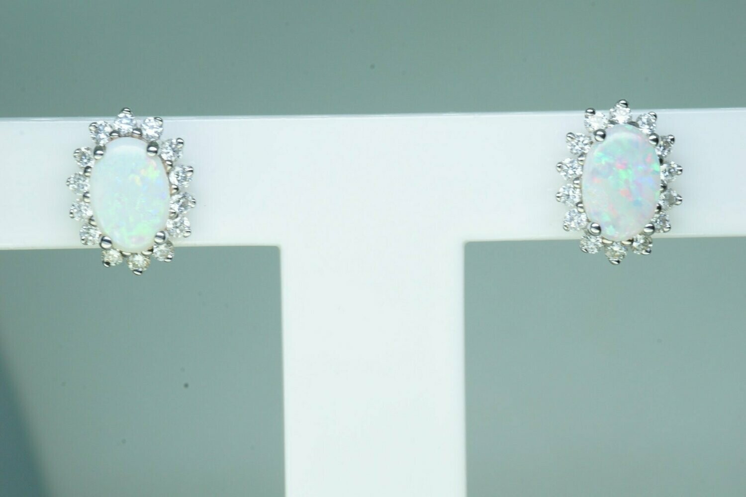 Natural Oval Opal And Diamond Halo Stud Earrings