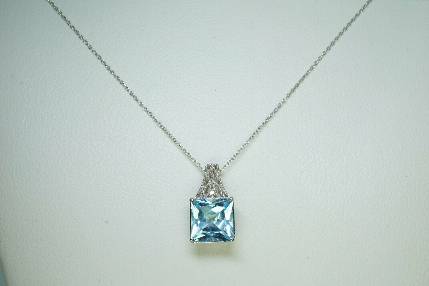 Square Cut Natural Blue Topaz And Diamond Accent Pendant And Chain