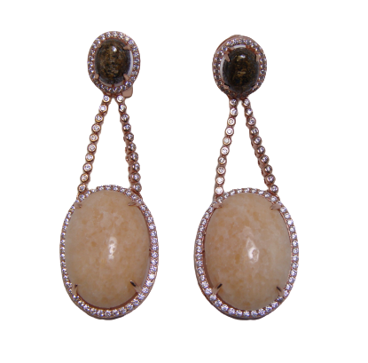 Peach Agate &amp; Bronzite Drop Earrings Rose Gold 925 Silver w/ Created sapphire 2.5 Ct DEW Canari Jewels