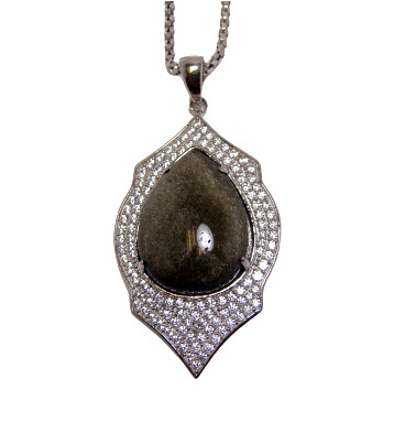 Golden Brown Agate Pendant Necklace Platinum 925 Silver w/ Lab Created Topaz Canari Jewels 18&quot; Chain
