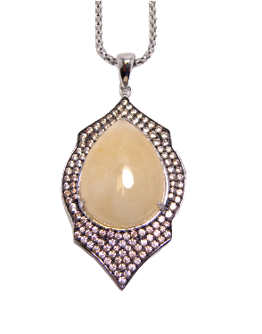 Yellow Jade Pendant Necklace Platinum 925 Silver w/ Created Topaz Canari Jewels 18&quot; Italian Chain