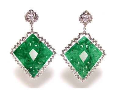 Green Jade Drop Earrings 925 Sterling Silver w/ Created sapphire 4.75 Ct DEW Bezel Set Omega Back