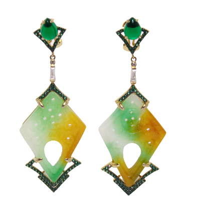 Multi-Color Jade Drop Earrings 14K Gold Over 925 Silver w/ Created Emeralds Canari Jewels