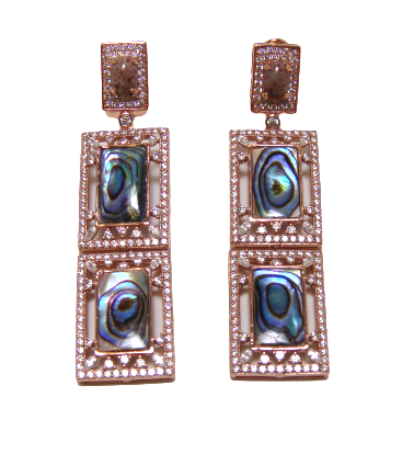 Abalone Mother of Pearl &amp; Agate Earrings Rose Gold Over 925 Silver w/ Created Sapphire Canari Jewels